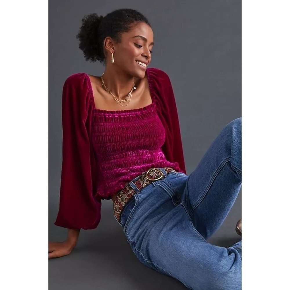 Anthropologie NEW! Medieval Velvet Blouse Smocked Puffy Sleeve XS Crimson
